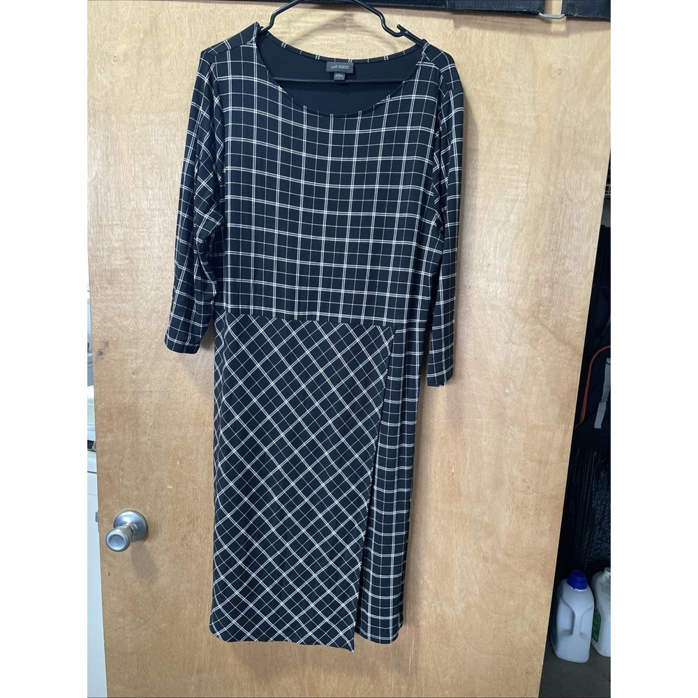 JJill Whatever Collection Windowpane Faux Wrap Dress Black / White Large 3/4 Sle